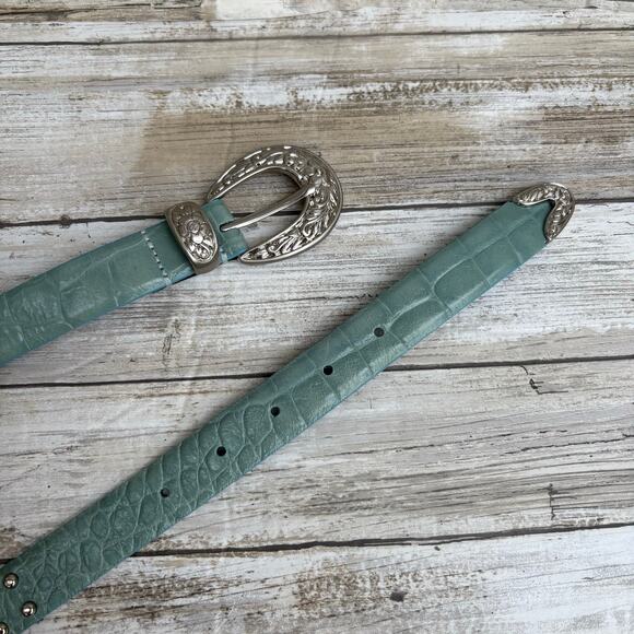 IZOD Leather Belt Sz XL Blue Studded Embossed Western Boho Cowgirl 36” Rodeo Y2K - Picture 5 of 12